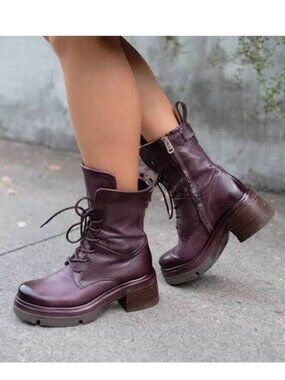 A.S.98 Elvin Purple Leather Lace Up Casual Dress Boots